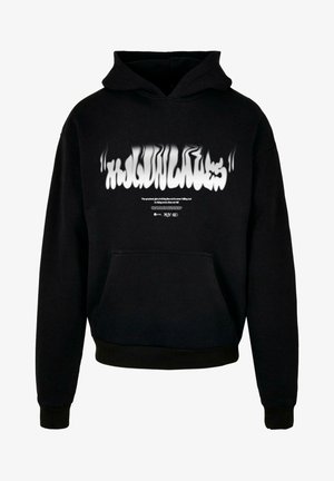 Črna kapuca iz bombaža, z sprednjim žepom, rebrastimi manšeti in obrobjem, z belim popačenim besedilnim grafičnim motivom na prsih.