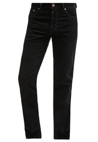 Jean noir à jambes droites avec cinq poches, fermeture avant par bouton et zip, présenté sur fond blanc.