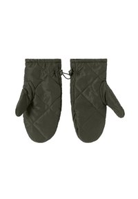 Prošívané rukavice z tmavě zeleného nylonu s elastickým manžetovým lemem a stahovací šňůrkou pro bezpečné uchycení. Měkká textura a izolační design.