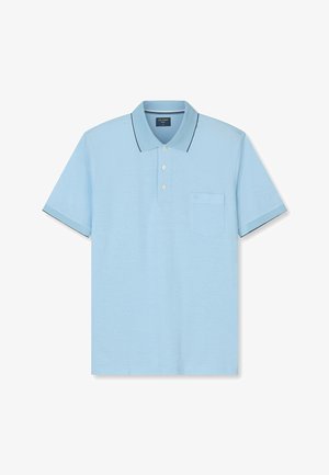 Light blue polo shirt with a collar, three buttons, and a front pocket. Features contrasting dark trim on the collar and sleeves.