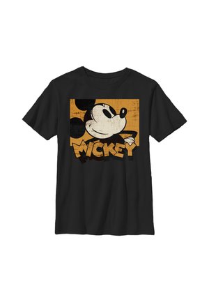Sort T-shirt med vintage-stil Mickey Mouse-ansigt med gul baggrund og ordet "Mickey" med fed skrift nedenunder.