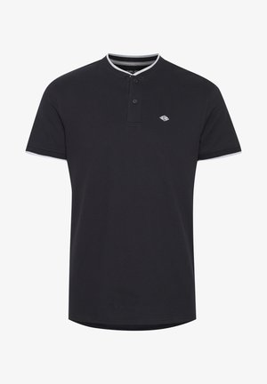 Black short-sleeve polo shirt with white trim on collar and sleeve edges, two buttons, and small white diamond-shaped logo on chest.