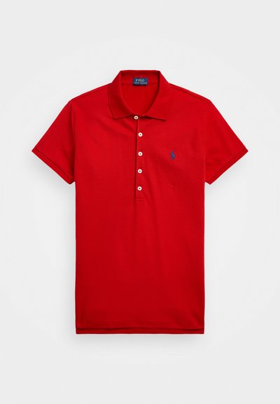 Red polo shirt made of cotton, featuring a collar, short sleeves, and a blue embroidered logo on the left chest. Five buttons at the neck.