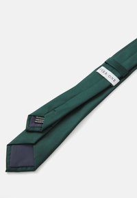 Cravat verde din satin, cu o textură netedă, având un vârf din țesătură închisă la culoare și un etichetă albă pe care scrie "PIER ONE". Design curat și simplu.