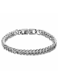 Zilveren roestvrijstalen kettingarmband met een chunky schakelontwerp en een veilige klapsluiting. Gladde textuur en gepolijste afwerking.