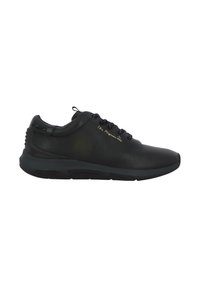 Baskets en cuir noir avec une texture lisse, bout arrondi, laçage à l'avant et un logo discret sur le côté ; dotées d'une semelle rembourrée.