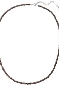 Karoliukų kaklo papuošalas su tamsiai pilkais apvaliais karoliukais ir sidabriniais akcentais. Grandinėlės uždarymas su reguliuojamu ilgiu. Lygus paviršius, vienodas forma.