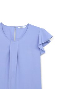 Blusa corta a maniche corte di colore lavanda chiaro con scollatura rotonda, dettaglio plissettato davanti e apertura a forma di chiave sul retro. Tessuto morbido e leggero.
