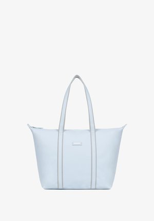Borsa tote di colore azzurro chiaro realizzata in materiale liscio, con due strisce verticali grigie e doppio manico, dotata di zip superiore.