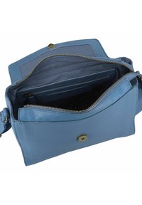 Borsa in pelle blu con una tasca con cerniera e una chiusura a scatto. L'interno presenta molteplici scomparti e una texture liscia.