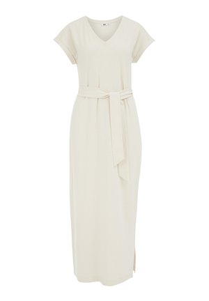 Rochie cremoasă, până la genunchi, cu decolteu în V, mâneci scurte și talie evidențiată cu o curea. Fabricată dintr-un material moale, cu fante laterale.