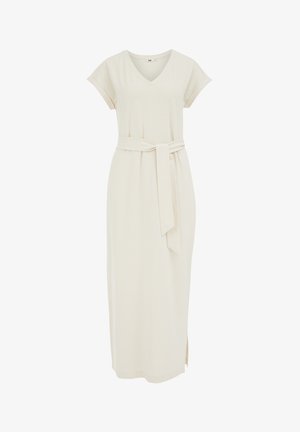Cremefarbenes, knielanges Kleid mit V-Ausschnitt, kurzen Ärmeln und tailliertem Gürtel. Hergestellt aus weichem Stoff mit seitlichen Schlitz im Design.