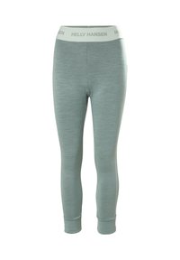Licht teal hoge taille leggins gemaakt van textuurstof met een contrasterende witte tailleband met het logo "HELLY HANSEN".