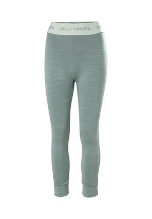 Světle tyrkysové legíny s vysokým pasem vyrobené z texturované tkaniny, s kontrastním bílým pasem a logem "HELLY HANSEN".