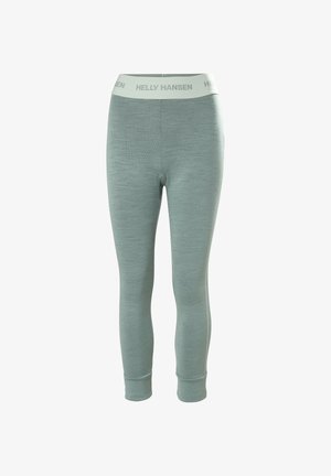 Světle tyrkysové legíny s vysokým pasem vyrobené z texturované tkaniny, s kontrastním bílým pasem a logem "HELLY HANSEN".
