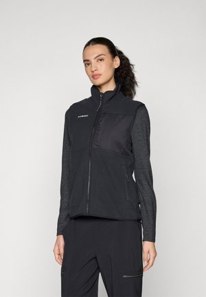 Black and grey sleeveless vest with high collar, zip closure, and multiple pockets, made from a soft, textured fabric. Logo on chest.