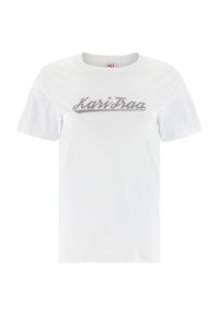 Witte katoenen t-shirt met korte mouwen, ronde hals, met een grijze cursieve "KariTraa" logo over de borst. Zachte textuur.