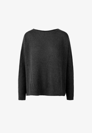 Dark gray, loose-fitting sweater made of soft, textured fabric. Features a wide neckline and long sleeves, with a cropped hem.