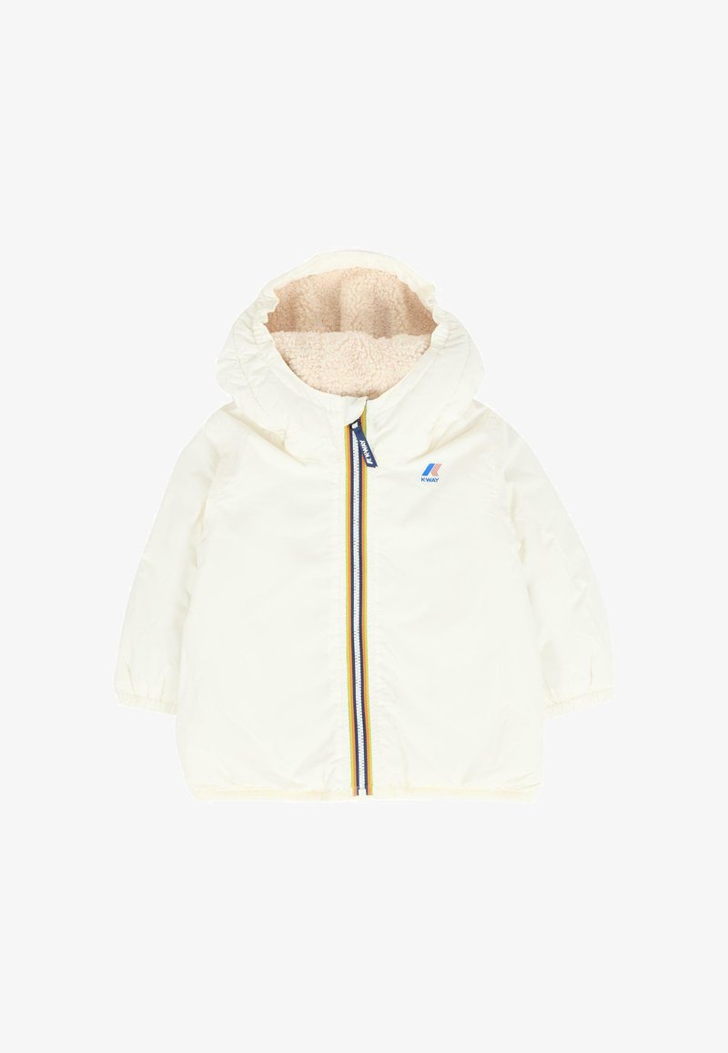 Giacca per bambini color crema con cappuccio, foderata in pile, polsini elasticizzati e zip frontale con strisce blu, gialle e bianche.