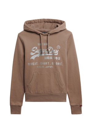 Bruine katoenen hoodie met een voorzak, capuchon met trekkoord en zilveren tekst "SuperDry Vintage" gedrukt op de borst. Heeft ribbelmanchetten.