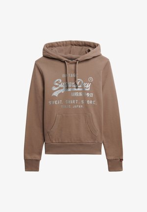 Bruine katoenen hoodie met een voorzak, capuchon met trekkoord en zilveren tekst "SuperDry Vintage" gedrukt op de borst. Heeft ribbelmanchetten.
