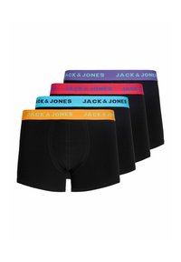 Štiri para črnih moških boksaric z barvnimi elastikami v oranžni, modri, rdeči in vijolični barvi, vsaka z znamko "JACK & JONES."