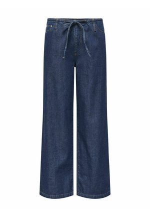 Pantalon large en jean bleu foncé avec taille élastique et cordon de serrage ajustable, doté de poches latérales et d'une texture douce.