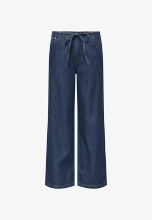 Tamsiai mėlynos spalvos džinsiniai platūs kelnės su elastinga juosmens juosta ir reguliuojamu raišteliu, su šoninėmis kišenėmis ir minkšta tekstūra.