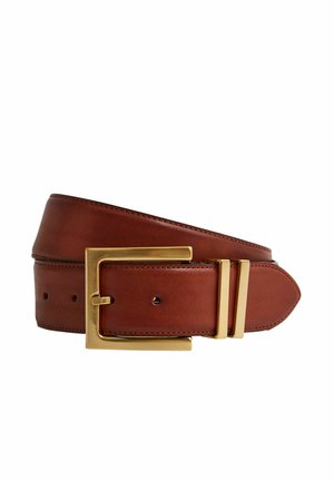 Cintura in pelle marrone con finitura liscia, dotata di una fibbia rettangolare in tono oro e cinque fori di regolazione per la vestibilità.