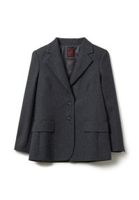 Blazer en gris carbón hecho de mezcla de lana. Presenta un cuello con muesca, dos botones y dos bolsillos frontales con solapa para un estilo funcional.
