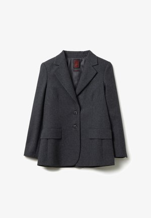Schiefergrauer Blazer aus Wollmischung. Verfügt über einen Reverskragen, zwei Knöpfe und zwei eintäschige Fronttaschen für funktionalen Stil.