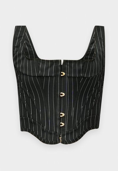 Top corsé negro a rayas con un escote cuadrado, que presenta botones en tono dorado en la parte delantera y un diseño estructurado y ajustado.