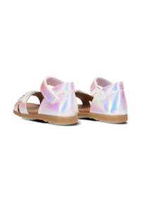 Irisierende Sandalen mit strukturiertem Finish, offenem Design und verstellbaren Riemen. Die hellbraunen Sohlen ergänzen das lebendige Obermaterial.