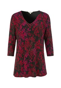 V-hals top gemaakt van lichtgewicht stof, met een bloemendessin in rood en roze op een zwarte achtergrond, met driekwartmouwen.