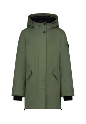 Groene winterjas met capuchon, knopen aan de voorkant, klepzakken en zwarte binnenboorden, getoond op een witte achtergrond.