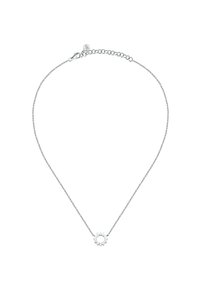 Collana in argento con pendente floreale, dotato di una pietra circolare centrale circondata da piccoli accenti brillanti.