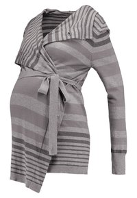 Grey striped maternity wrap sweater, featuring a hood, tie waist, and long sleeves, with varying stripe widths creating texture.