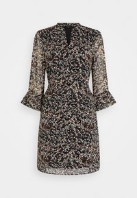 Sukienka w kwiatowy wzór z przezroczystej czarnej tkaniny, z długimi rękawami zakończonymi falbanami, dekoltem w serek i dopasowaną talią. Standardowa długość.