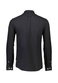 Maglietta nera a maniche lunghe con piega posteriore, polsini abbottonati e orlo arrotondato. Realizzata in un tessuto liscio e traspirante. Design minimalista.