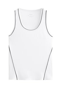 White tank top with a scoop neckline, featuring black piping along the edges and side seams. Made from smooth, breathable fabric.