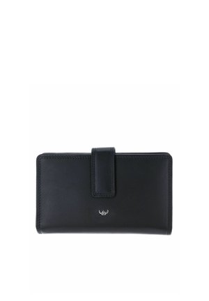 Portefeuille en cuir noir avec bords cousus, fermeture à sangle frontale et petit logo argenté centré sur le devant.