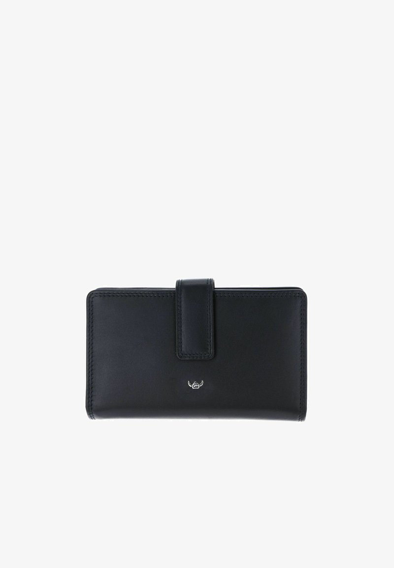 Schwarze Lederbrieftasche mit genähten Kanten, einem vorderen Riemenverschluss und einem kleinen silbernen Logo mittig auf der Vorderseite.