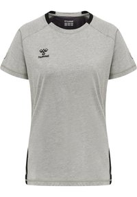 Ljusgrå t-shirt med svarta detaljer, korta ärmar och rundad halsringning. Har en logotyp på bröstet. Mjuk, andningsbar tyg.