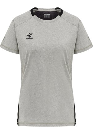 Hellgrau T-Shirt mit schwarzen Akzenten, kurzenÄrmeln und rundem Halsausschnitt. Mit einem Logo auf der Brust. Weicher, atmungsaktiver Stoff.