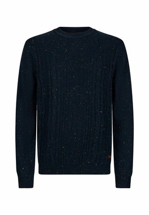 Tumesinine koeratud kampsun, millel on tekstuuriga nöörmustrid ja mitmevärvilised täpid. Omab ribakraega kaelust ja külglogo patši.