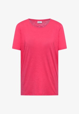 Lyserød, kortærmet T-shirt i bomuld med rund hals, lige kant og let tekstur.