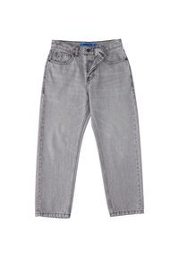 Šedé džíny s uvolněným střihem, vybavené poutky na opasek, předními kapsami a zipem na zapínání. Hladká látka s mírně vybledlou strukturou.