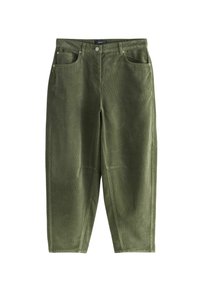 Pantaloni din cordură de culoare verde măsliniu, cu talie înaltă, design cu cinci buzunare și picior drept cu o textură verticală subtilă.