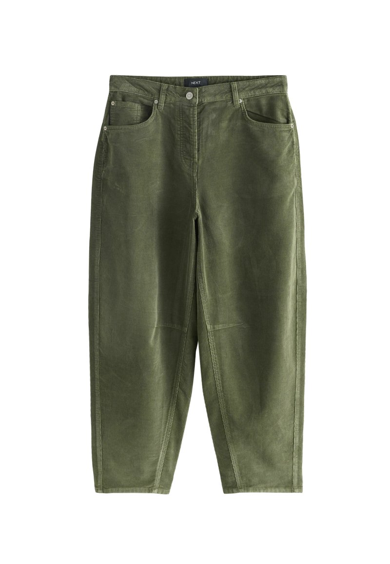 Pantaloni din cordură de culoare verde măsliniu, cu talie înaltă, design cu cinci buzunare și picior drept cu o textură verticală subtil�ă.