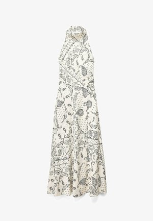 Longue robe blanche sans manches avec col haut et motif imprimé paisley et floral noir.